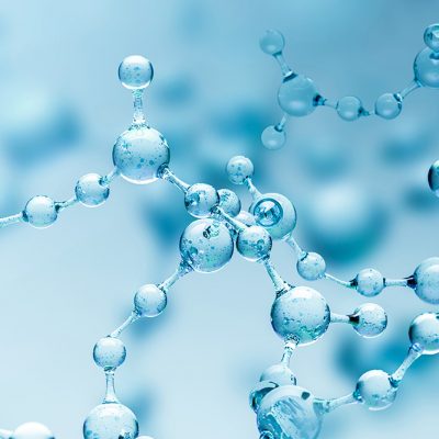 Transparent blue abstract molecule model over blurred blue molecule background. Concept of science, chemistry, medicine and microscopic research. 3d rendering copy space